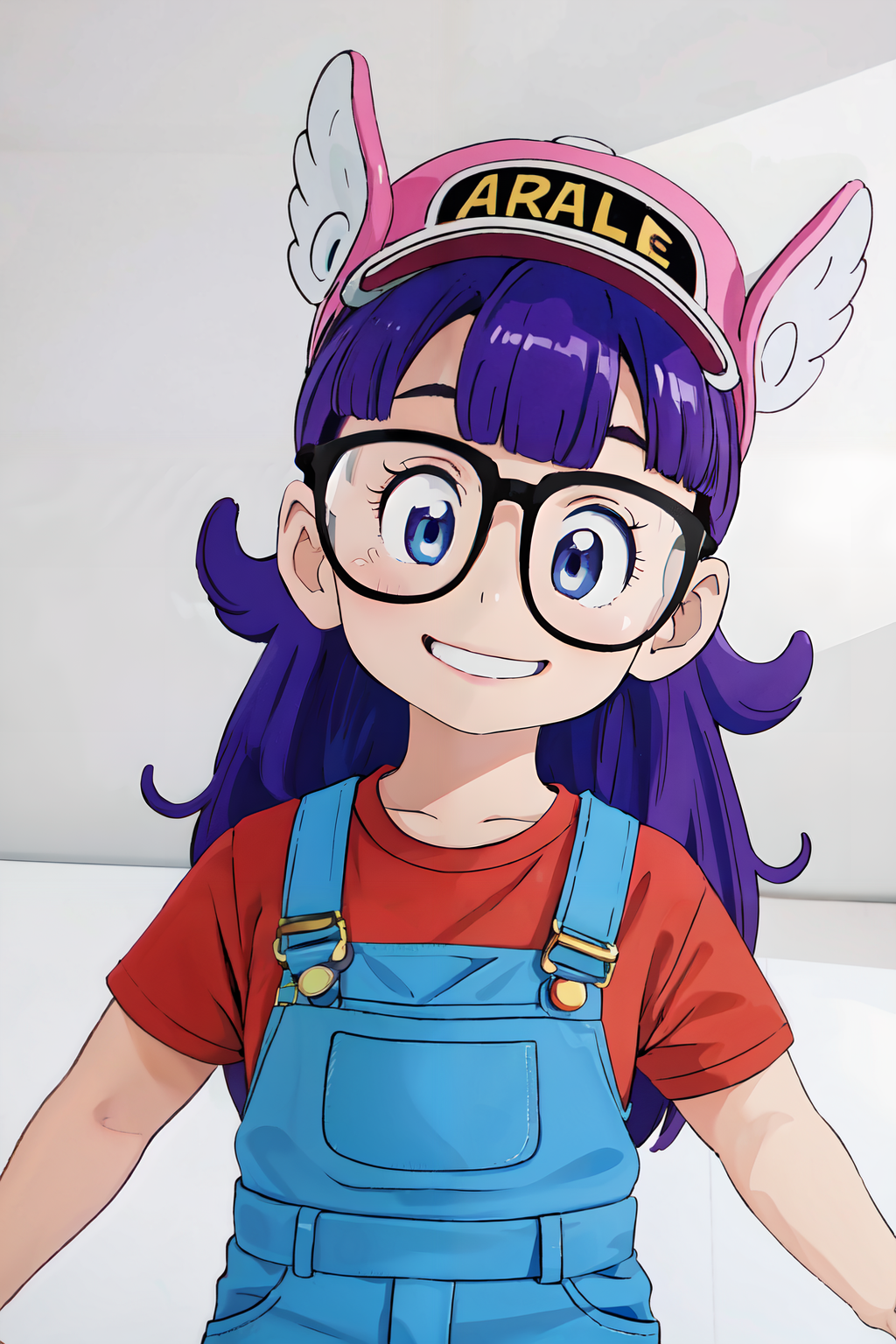 00141-1564039858-(masterpiece, best quality;1.3), ultra detailed, 1girl, solo, arale, glasses, blue eyes, long hair,purple hair, short sleeves, w.png